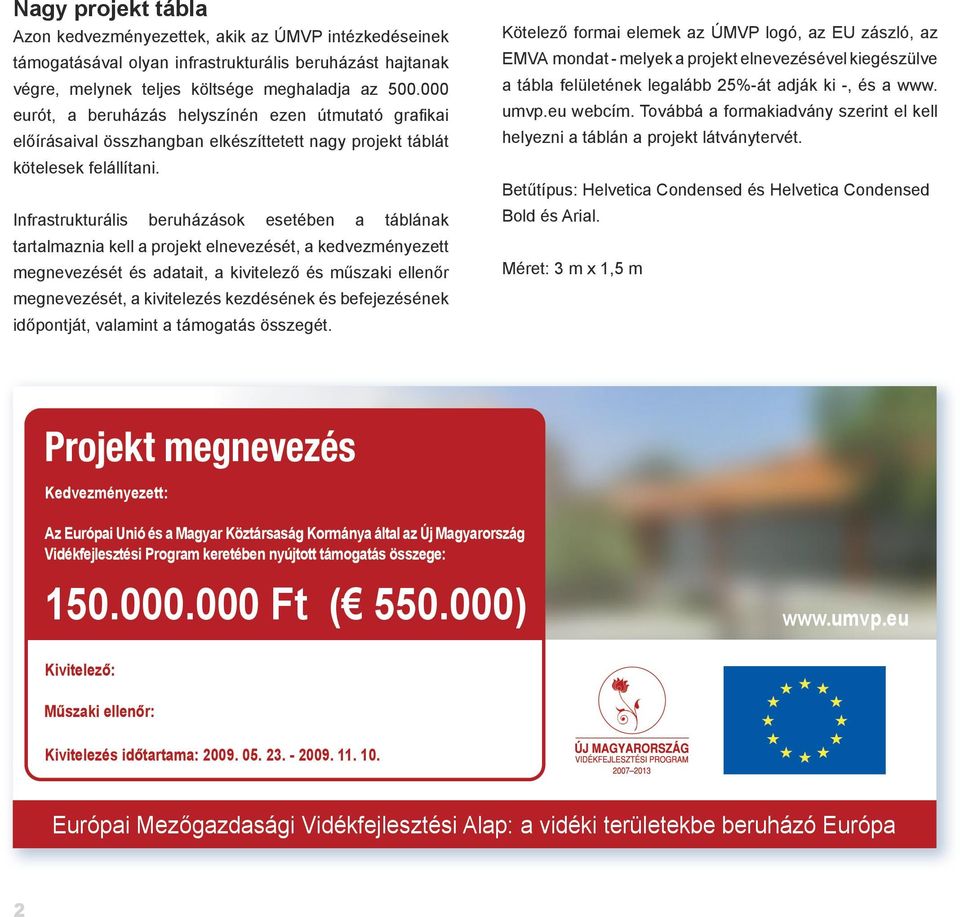 Infrastrukturális beruházások esetében a táblának tartalmaznia kell a projekt elnevezését, a kedvezményezett megnevezését és adatait, a kivitelező és műszaki ellenőr megnevezését, a kivitelezés
