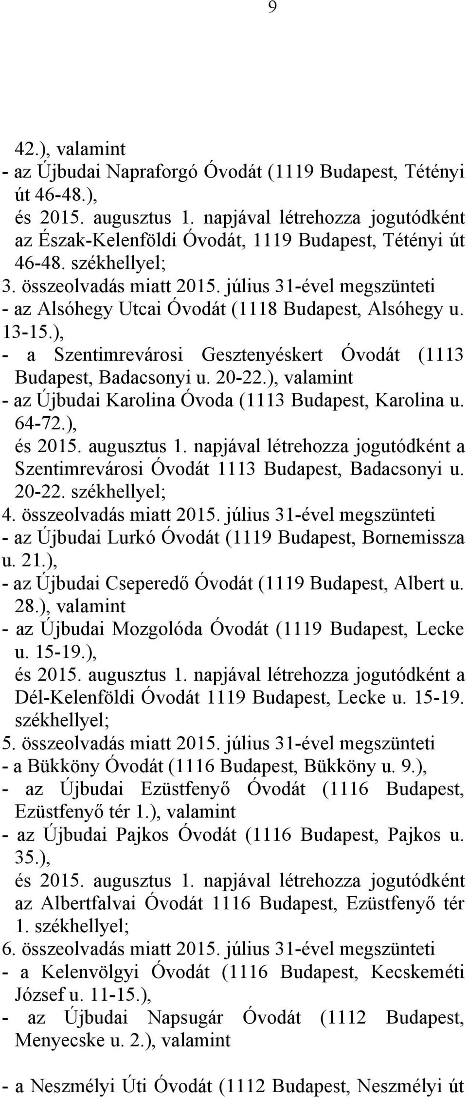 ), - a Szentimrevárosi Gesztenyéskert Óvodát (1113 Budapest, Badacsonyi u. 20-22.), valamint - az Újbudai Karolina Óvoda (1113 Budapest, Karolina u. 64-72.), és 2015. augusztus 1.