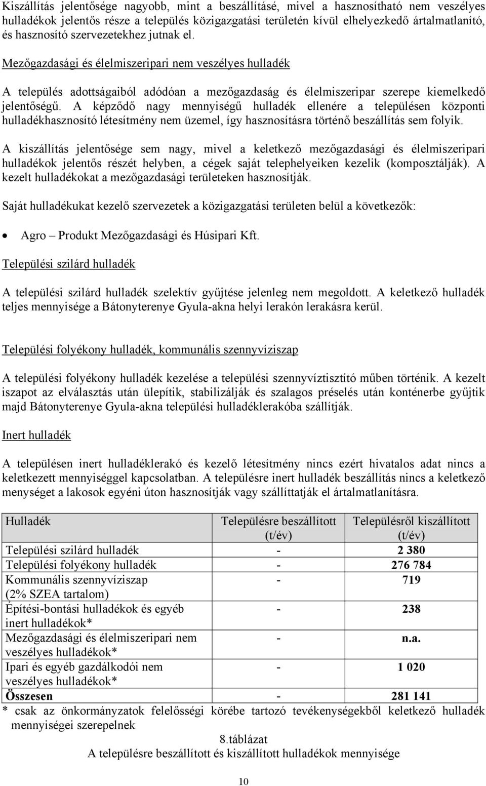 A képződő nagy mennyiségű hulladék ellenére a településen központi hulladékhasznosító létesítmény nem üzemel, így hasznosításra történő beszállítás sem folyik.