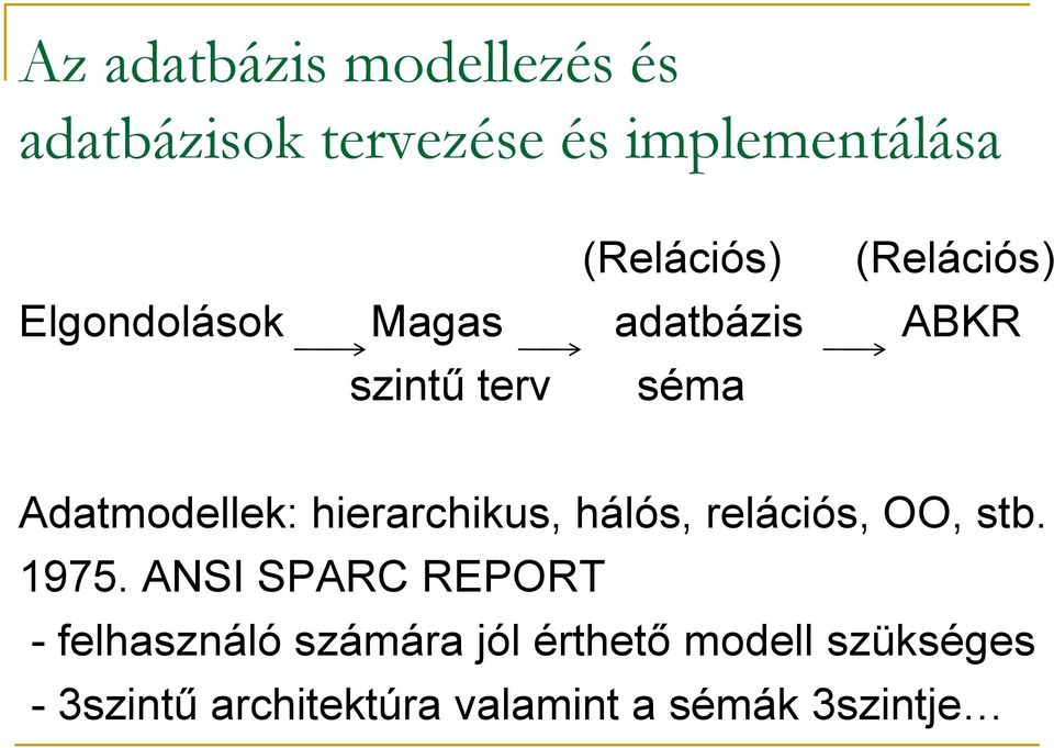 hierarchikus, hálós, relációs, OO, stb. 1975.