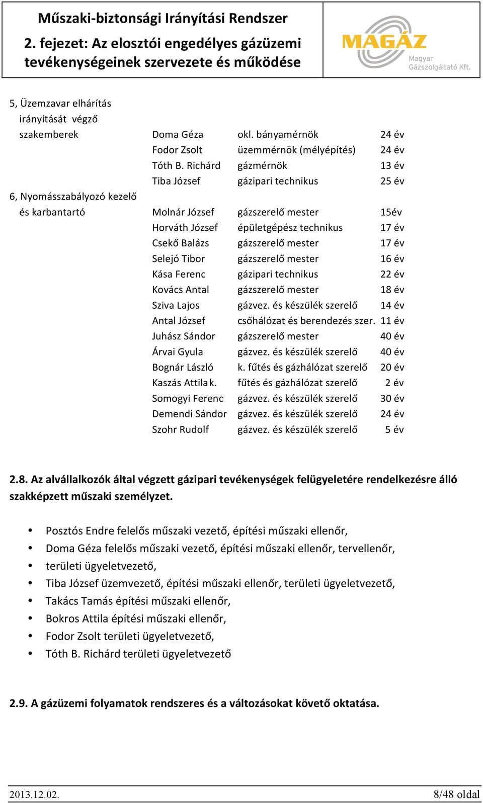 gázszerelő mester 17 év Selejó Tibor gázszerelő mester 16 év Kása Ferenc gázipari technikus 22 év Kovács Antal gázszerelő mester 18 év Sziva Lajos gázvez.