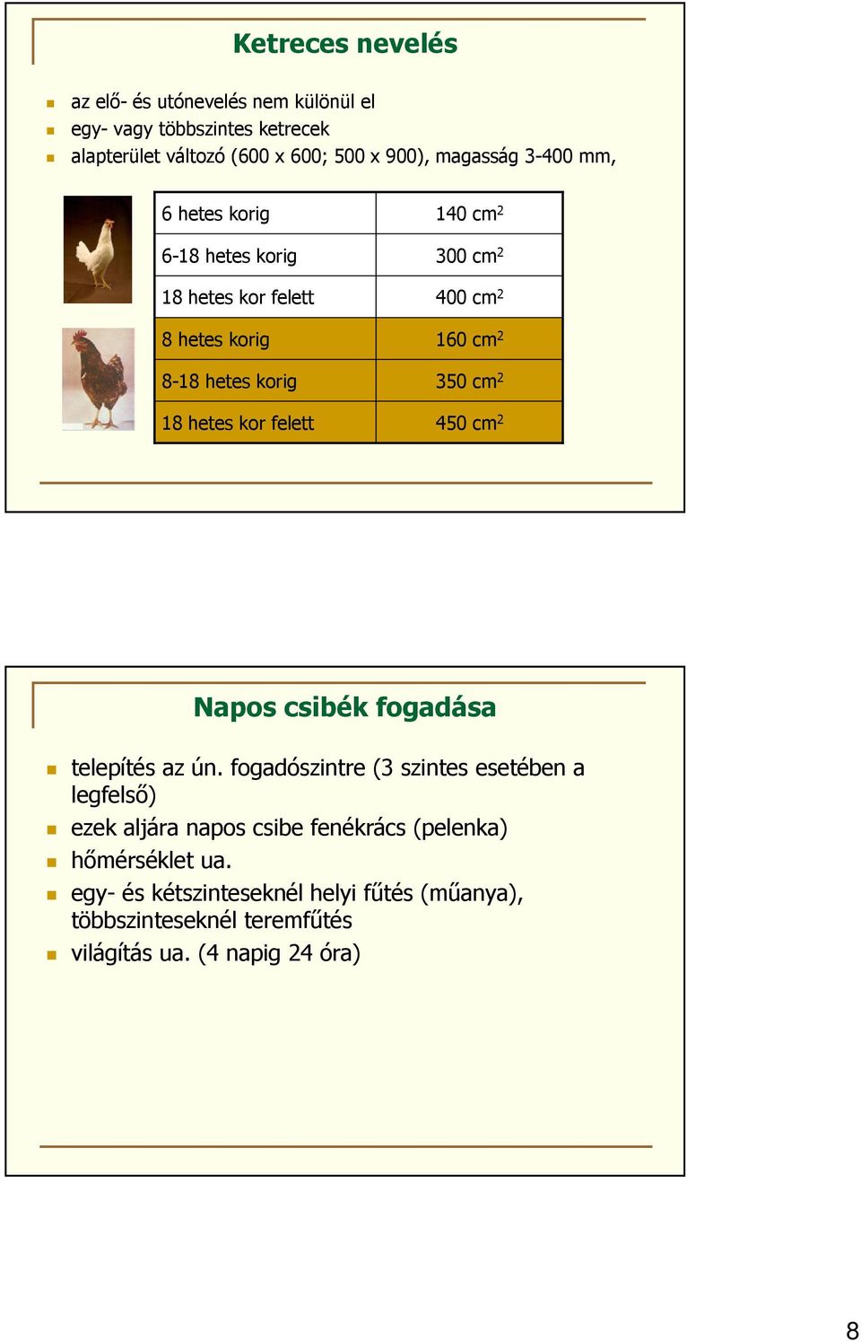 160 cm 2 350 cm 2 450 cm 2 Napos csibék fogadása telepítés az ún.