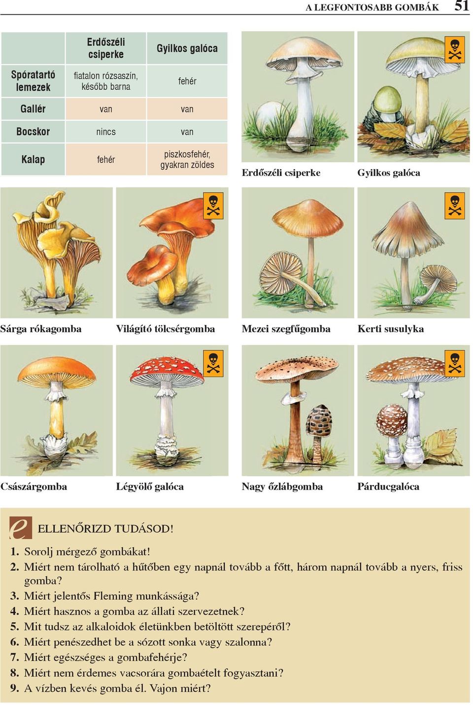 Sorolj mérgezõ gombákat! 2. Miért nem tárolható a hûtõben egy napnál tovább a fõtt, három napnál tovább a nyers, friss gomba? 3. Miért jelentõs Fleming munkássága? 4.