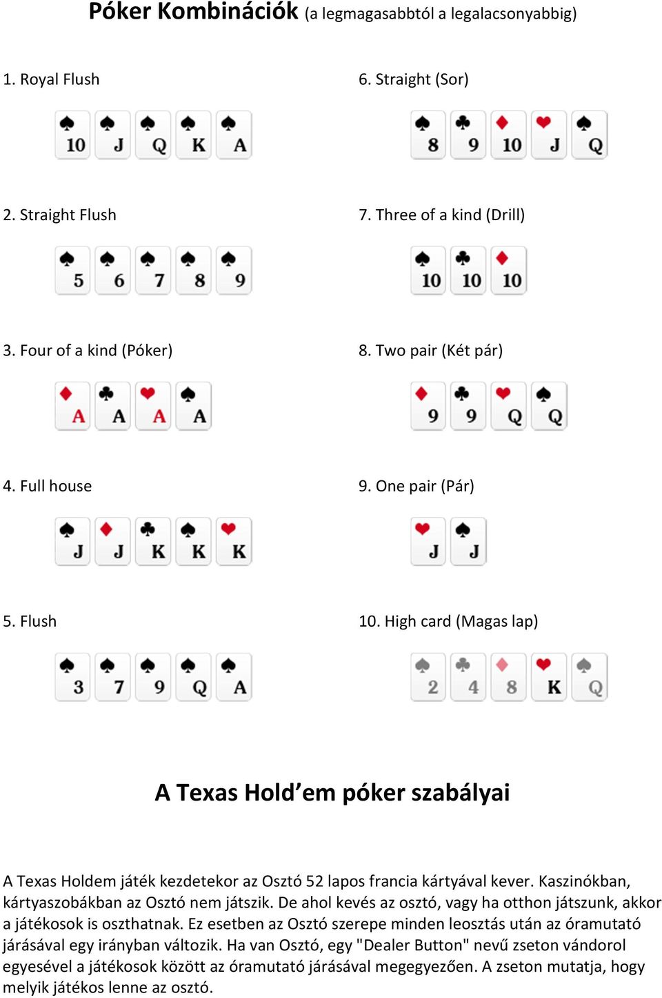 Póker Kombinációk (a legmagasabbtól a legalacsonyabbig) - PDF Free Download