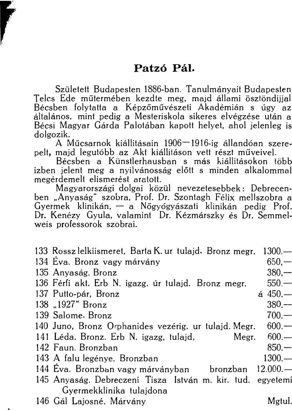 Bécsi Magyar Gárda Palotában kapott helyet, ahol jelenleg is dolgozik. A Műcsarnok kiállításain 1906 1916-ig állandóan szerepelt, majd legutóbb az Akt kiállításon vett részt műveivel.