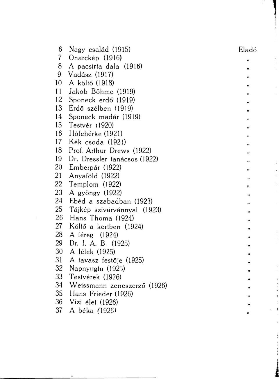 Dressler tanácsos (1922) 20 Emberpár (1922) 21 Anyaföld (1922) 22 Templom (1922) 23 A gyöngy (1922) 24 Ebéd a szabadban (1923) 25 Tájkép szivárvánnyal (1923) 26 Hans Thoma