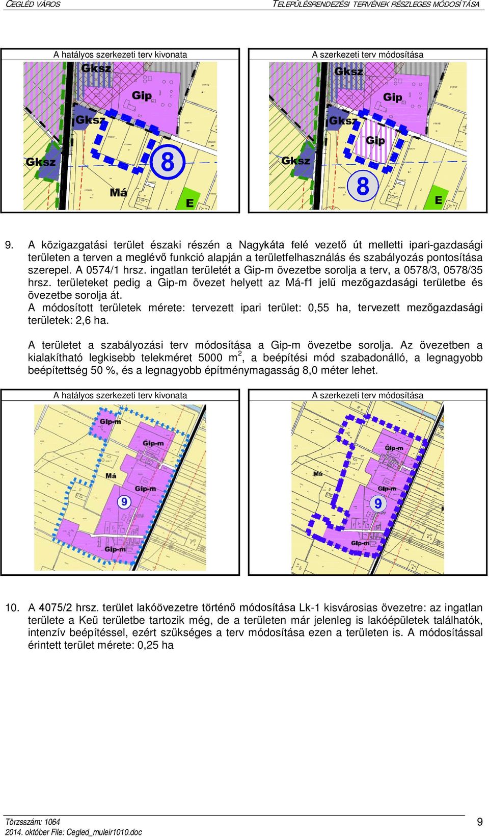 A 0574/1 hrsz. ingatlan területét a Gip-m övezetbe sorolja a terv, a 0578/3, 0578/35 hrsz. területeket pedig a Gip-m övezet helyett az Má-f1 jelű mezőgazdasági területbe és övezetbe sorolja át.