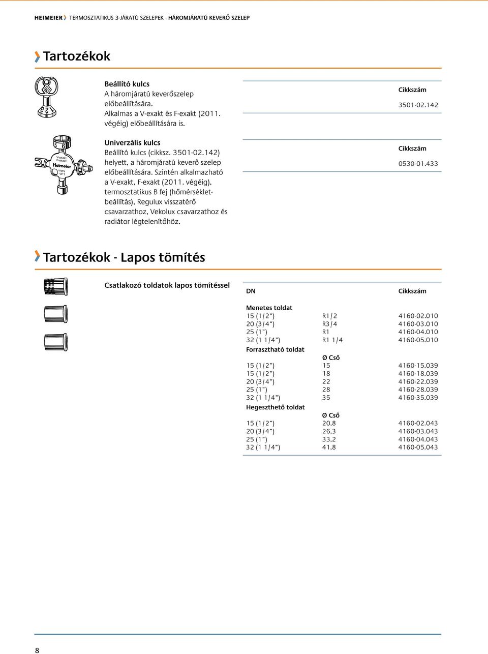 végéig), termosztatikus B fej (hőmérsékletbeállítás), Regulux visszatérő csavarzathoz, Vekolux csavarzathoz és radiátor légtelenítőhöz. Cikkszám 0-01.