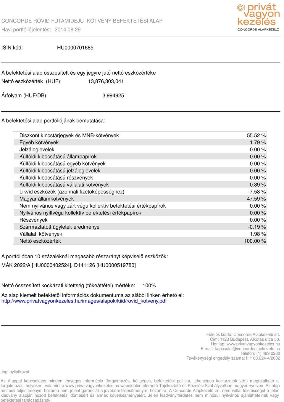 994925 A befektetési alap portfóliójának bemutatása: Diszkont kincstárjegyek és MNB-kötvények Egyéb kötvények Jelzáloglevelek Külföldi kibocsátású állampapírok Külföldi kibocsátású egyéb kötvények