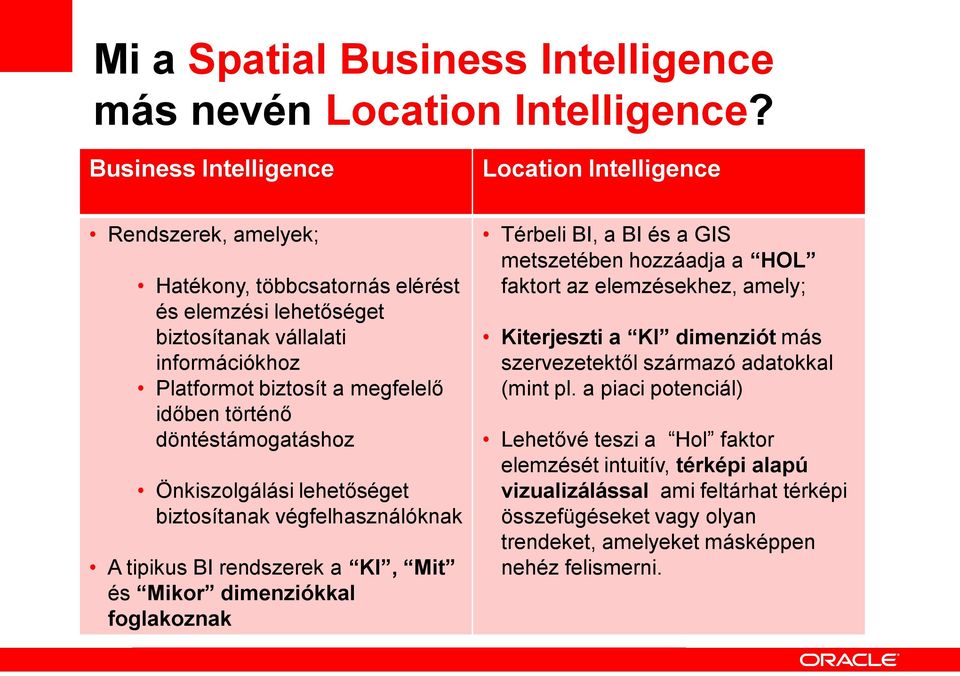 időben történő döntéstámogatáshoz Önkiszolgálási lehetőséget biztosítanak végfelhasználóknak A tipikus BI rendszerek a KI, Mit és Mikor dimenziókkal foglakoznak Térbeli BI, a BI és a GIS