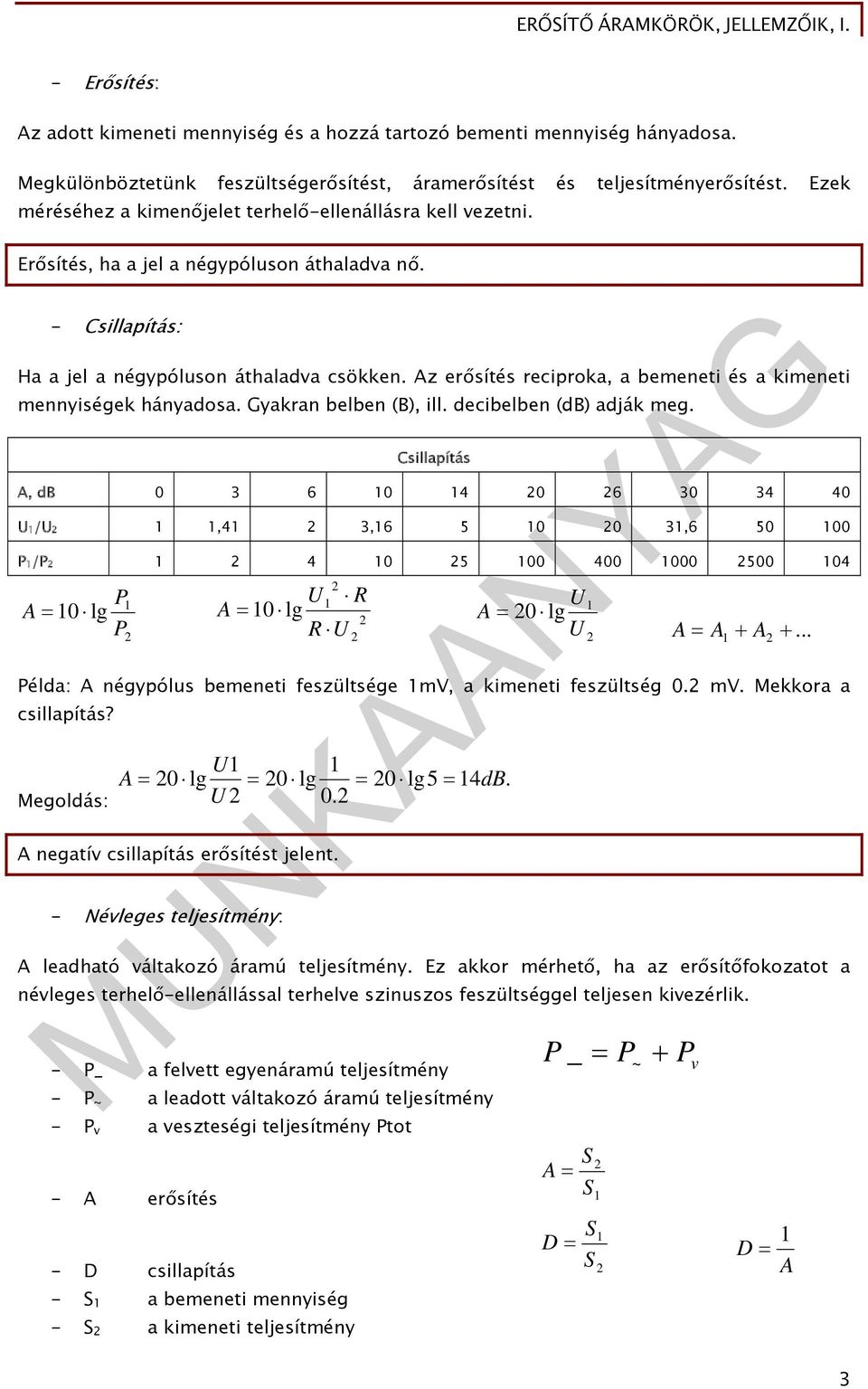 ányadosa Gyakran ln (), ill deciln (d) adják meg sillapítás, d 3 6 4 6 3 34 4 /,4 3,6 5 3,6 5 P/P 4 5 4 5 4 P lg lg P lg MNKNYG Példa: négypóls meneti feszültsége mv, a meneti feszültség mv Mekkora a