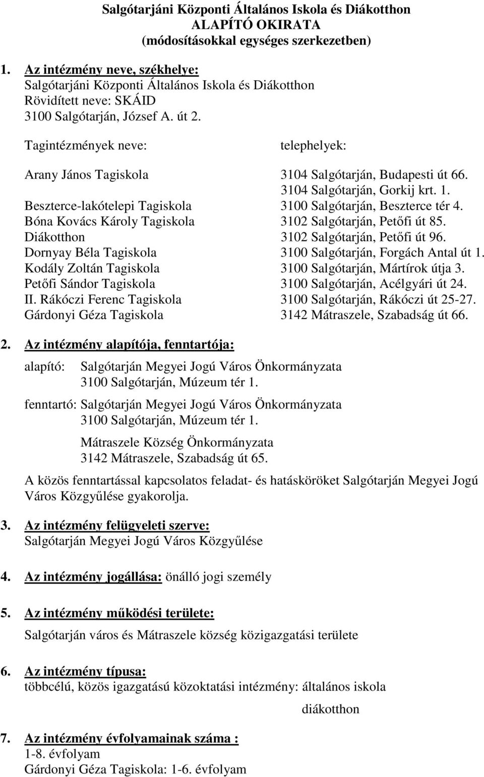 Tagintézmények neve: telephelyek: Arany János Tagiskola 3104 Salgótarján, Budapesti út 66. 3104 Salgótarján, Gorkij krt. 1. Beszterce-lakótelepi Tagiskola 3100 Salgótarján, Beszterce tér 4.