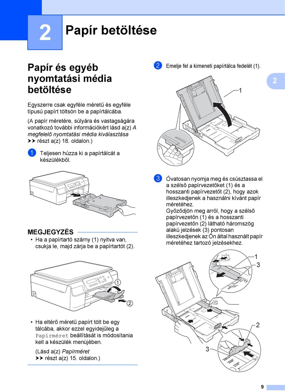 ) a Teljesen húzza ki a papírtálcát a készülékből. b Emelje fel a kimeneti papírtálca fedelét (1). 1 2 MEGJEGYZÉS Ha a papírtartó szárny (1) nyitva van, csukja le, majd zárja be a papírtartót (2).