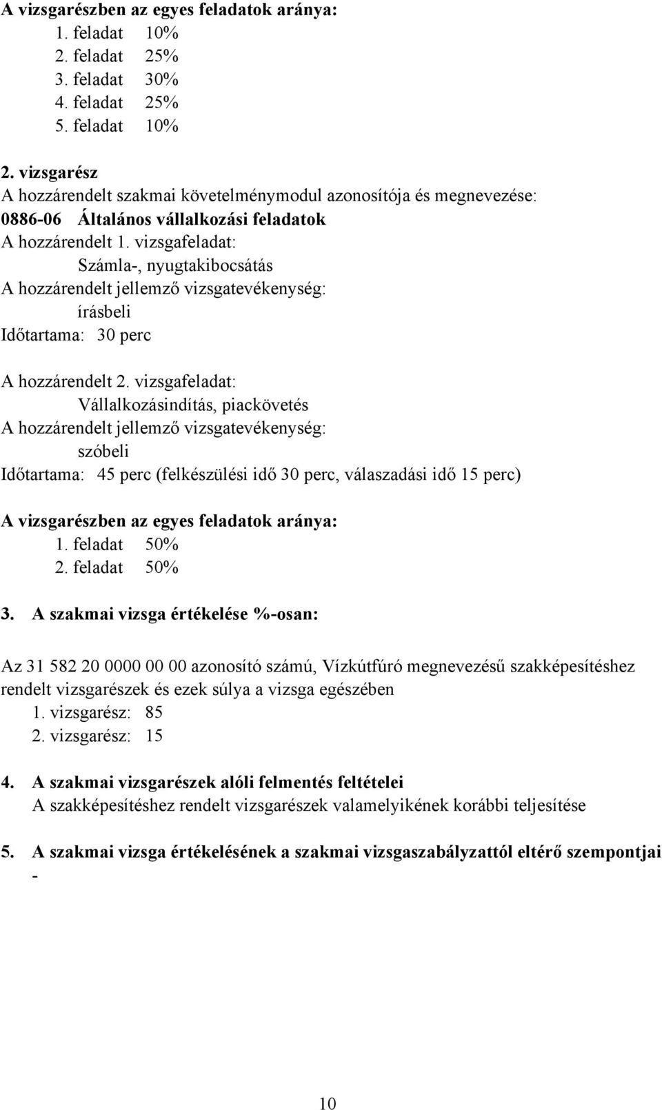 vizsgafeladat: Vállalkozásindítás, piackövetés szóbeli Időtartama: 45 perc (felkészülési idő 30 perc, válaszadási idő 15 perc) A vizsgarészben az egyes feladatok aránya: 1. feladat 50% 2.