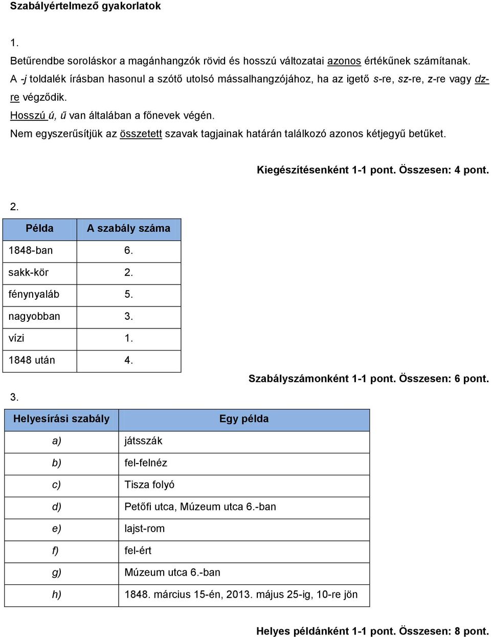 Nem egyszerűsítjük az összetett szavak tagjainak határán találkozó azonos kétjegyű betűket. Kiegészítésenként 1-1 pont. Összesen: 4 pont. Példa A szabály száma 1848-ban 6. sakk-kör fénynyaláb 5.