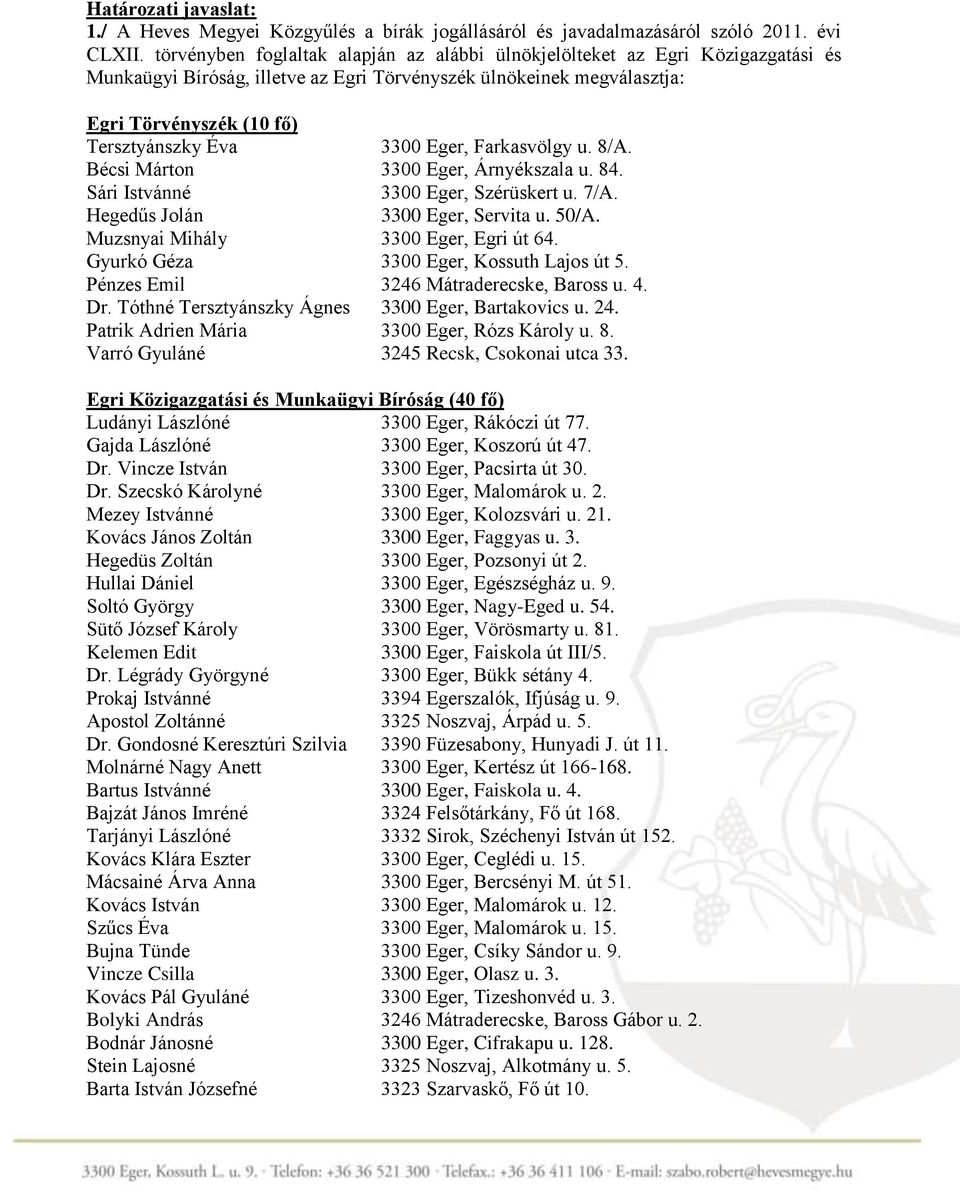 Eger, Farkasvölgy u. 8/A. Bécsi Márton 3300 Eger, Árnyékszala u. 84. Sári Istvánné 3300 Eger, Szérüskert u. 7/A. Hegedűs Jolán 3300 Eger, Servita u. 50/A. Muzsnyai Mihály 3300 Eger, Egri út 64.