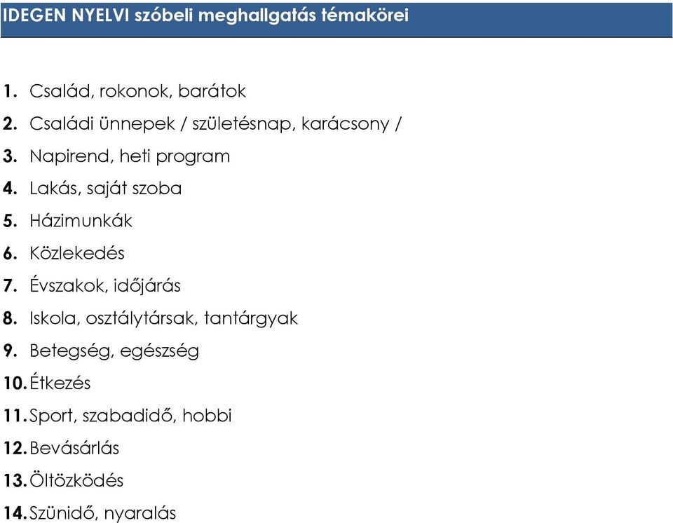 Lakás, saját szoba 5. Házimunkák 6. Közlekedés 7. Évszakok, időjárás 8.