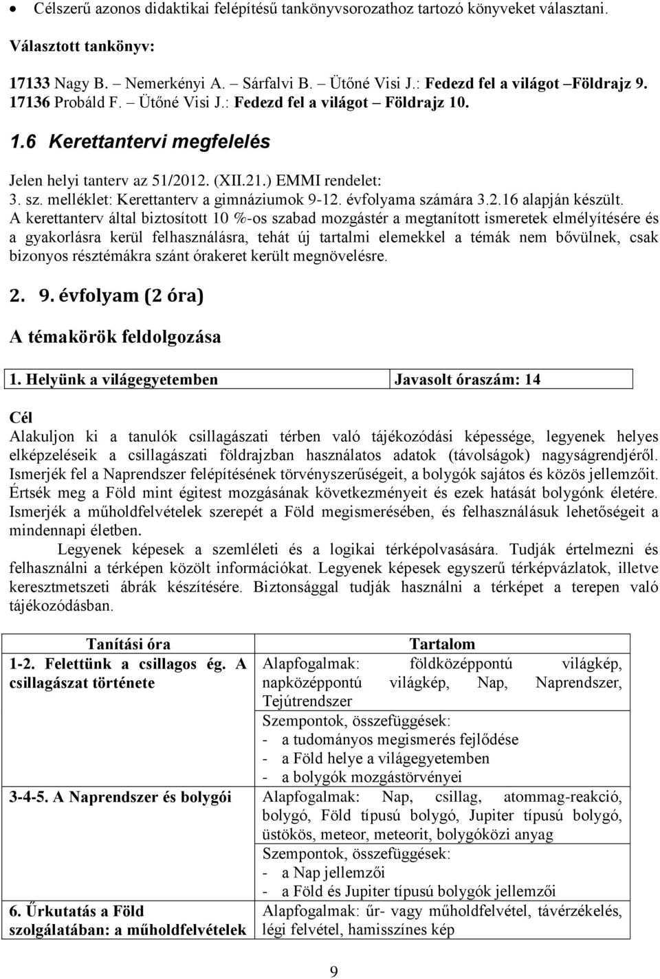melléklet: Kerettanterv a gimnáziumok 9-12. évfolyama számára 3.2.16 alapján készült.