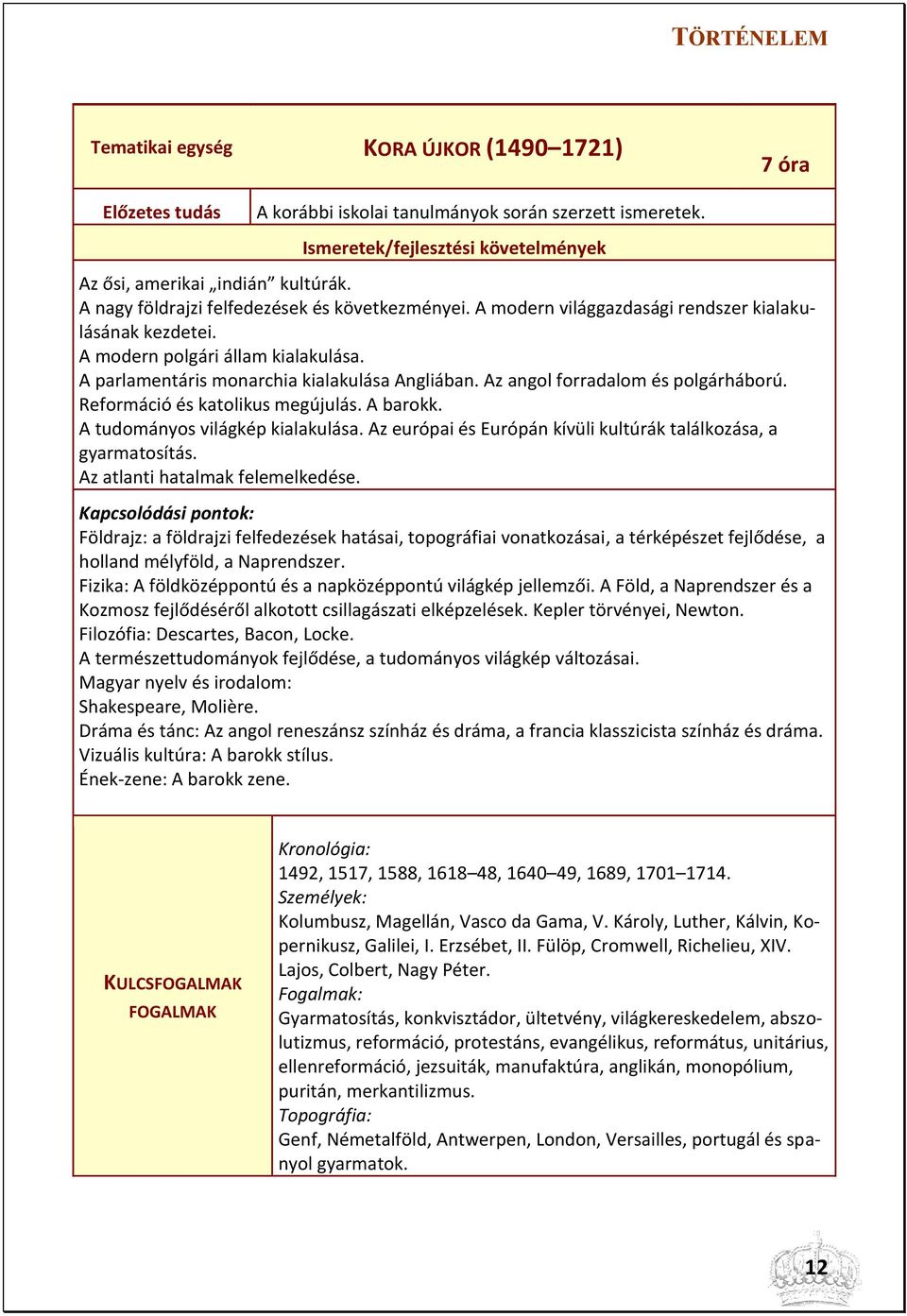 Az angol forradalom és polgárháború. Reformáció és katolikus megújulás. A barokk. A tudományos világkép kialakulása. Az európai és Európán kívüli kultúrák találkozása, a gyarmatosítás.