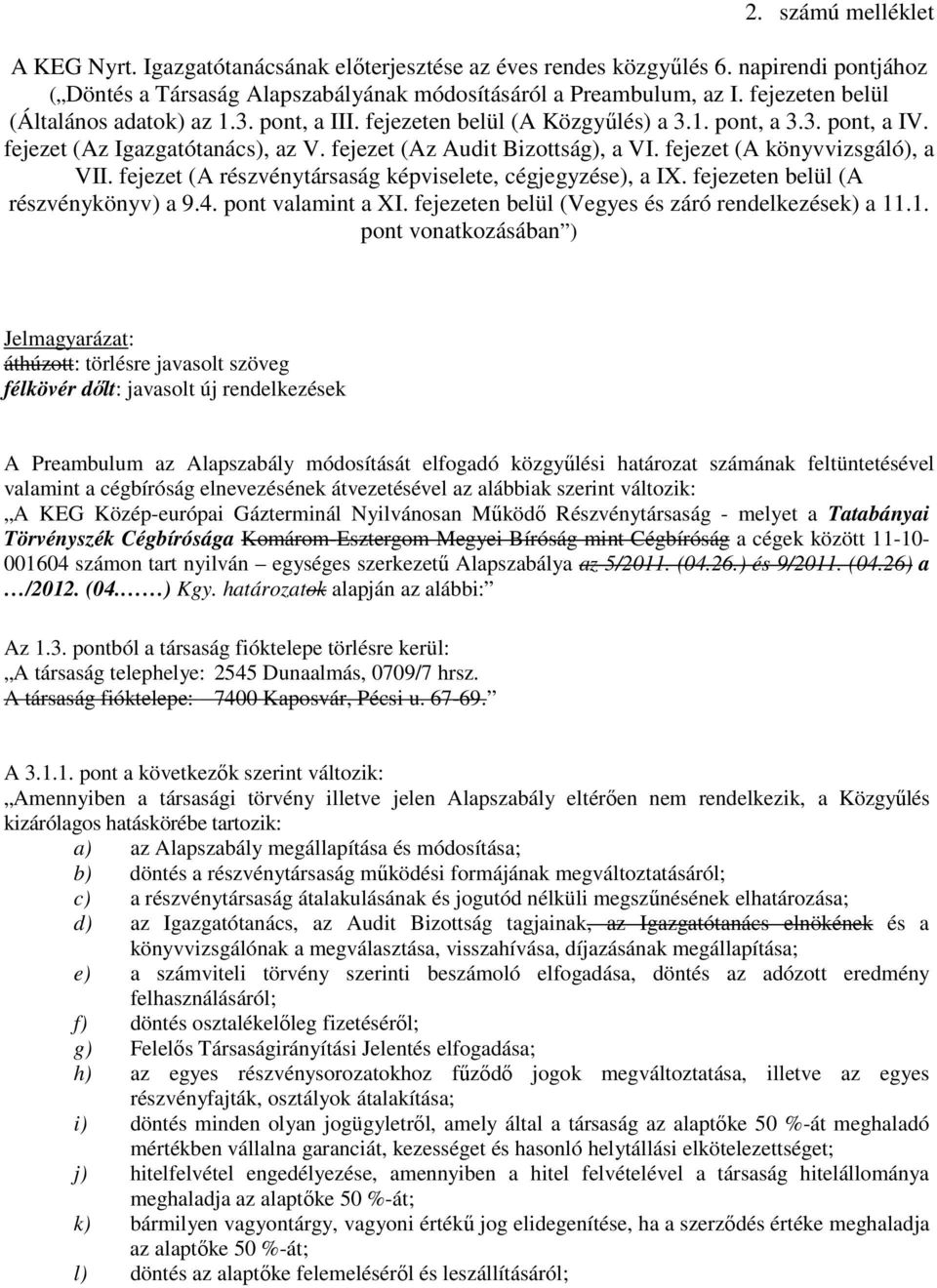 fejezet (A könyvvizsgáló), a VII. fejezet (A részvénytársaság képviselete, cégjegyzése), a IX. fejezeten belül (A részvénykönyv) a 9.4. pont valamint a XI.