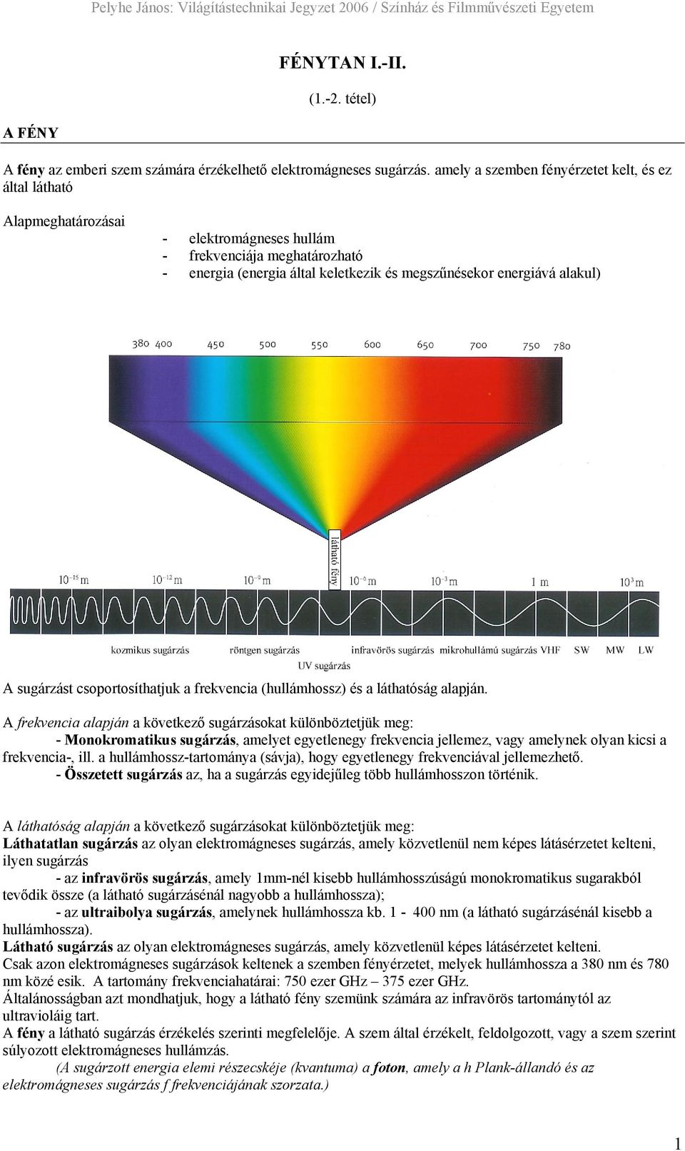 A sugárzást csoportosíthatjuk a frekvencia (hullámhossz) és a láthatóság alapján.