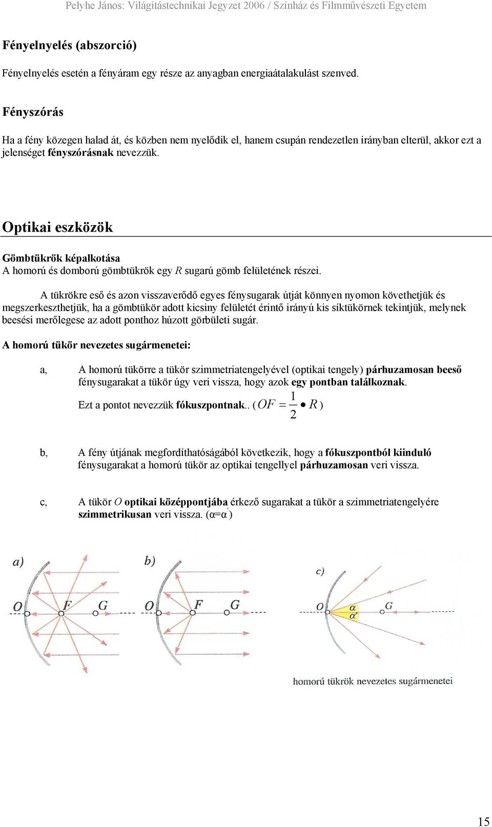 Optikai eszközök Gömbtükrök képalkotása A homorú és domború gömbtükrök egy R sugarú gömb felületének részei.