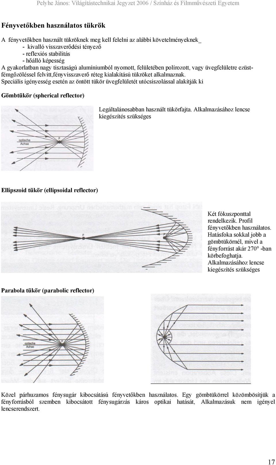 Speciális igényesség esetén az öntött tükör üvegfelületét utócsiszolással alakítják ki Gömbtükör (spherical reflector) Legáltalánosabban használt tükörfajta.