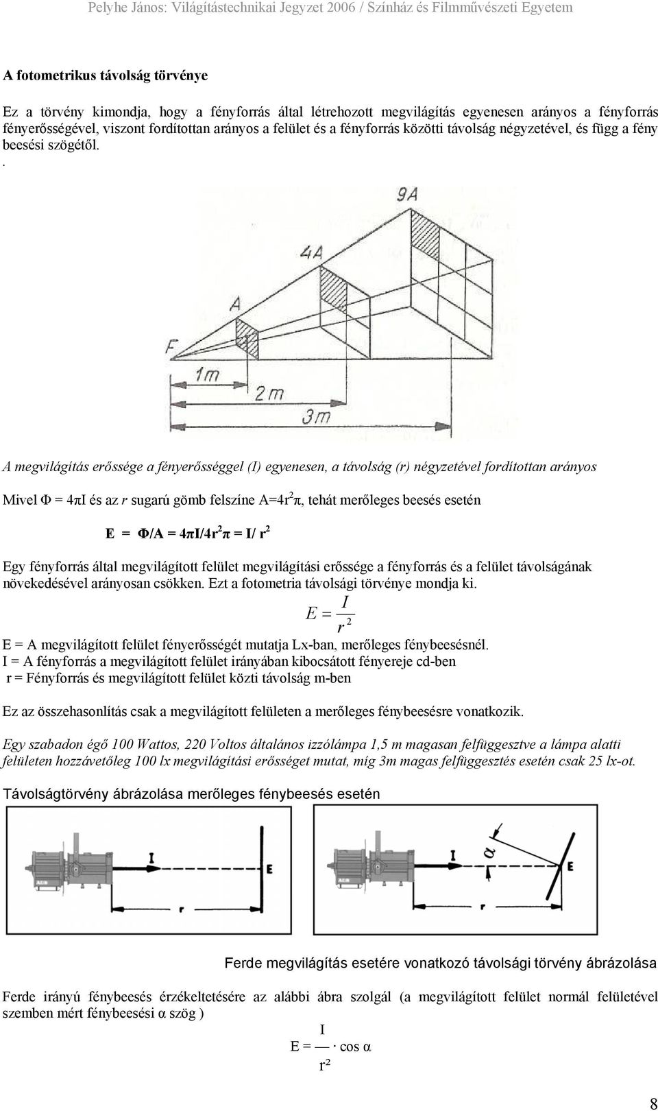 . A megvilágítás erőssége a fényerősséggel (I) egyenesen, a távolság (r) négyzetével fordítottan arányos Mivel Φ = 4πI és az r sugarú gömb felszíne A=4r 2 π, tehát merőleges beesés esetén E = Φ/A =