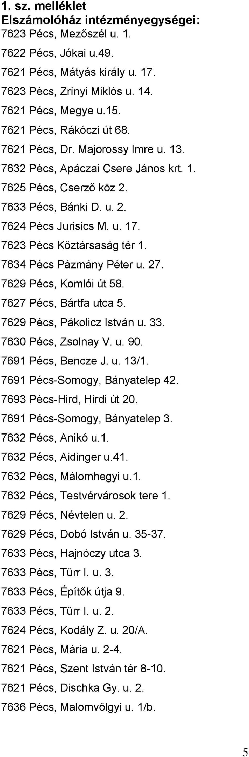 7623 Pécs Köztársaság tér 1. 7634 Pécs Pázmány Péter u. 27. 7629 Pécs, Komlói út 58. 7627 Pécs, Bártfa utca 5. 7629 Pécs, Pákolicz István u. 33. 7630 Pécs, Zsolnay V. u. 90. 7691 Pécs, Bencze J. u. 13/1.