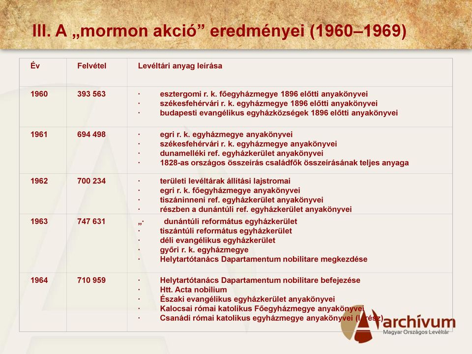 k. egyházmegye anyakönyvei dunamelléki ref. egyházkerület anyakönyvei 1828-as országos összeírás családfők összeírásának teljes anyaga 1962 700 234 területi levéltárak állítási lajstromai egri r. k.