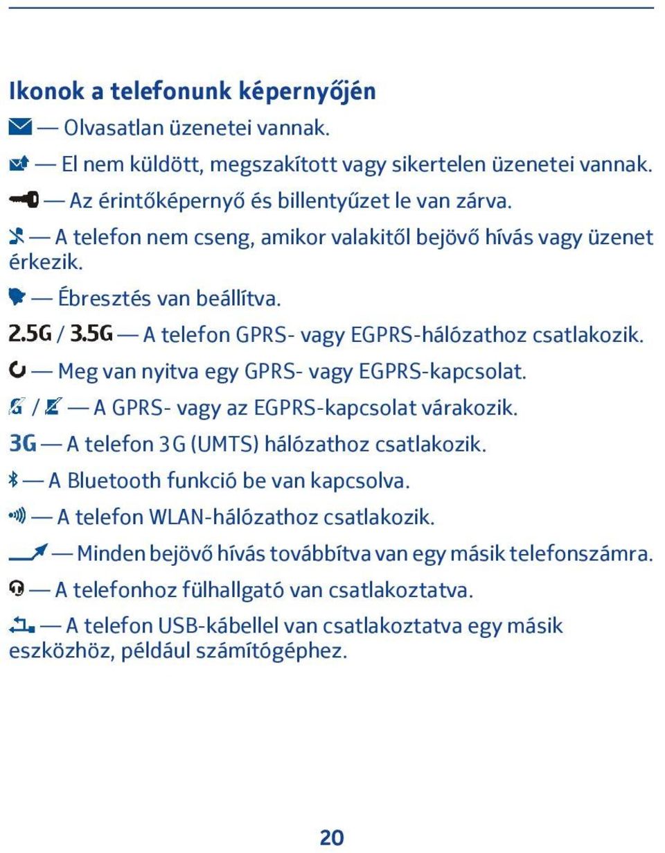 Meg van nyitva egy GPRS- vagy EGPRS-kapcsolat. / A GPRS- vagy az EGPRS-kapcsolat várakozik. A telefon 3G (UMTS) hálózathoz csatlakozik. A Bluetooth funkció be van kapcsolva.