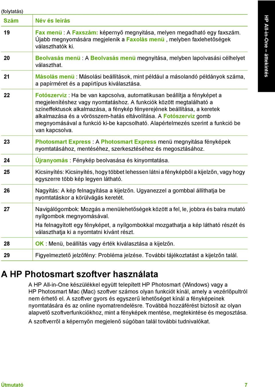 21 Másolás menü : Másolási beállítások, mint például a másolandó példányok száma, a papírméret és a papírtípus kiválasztása.