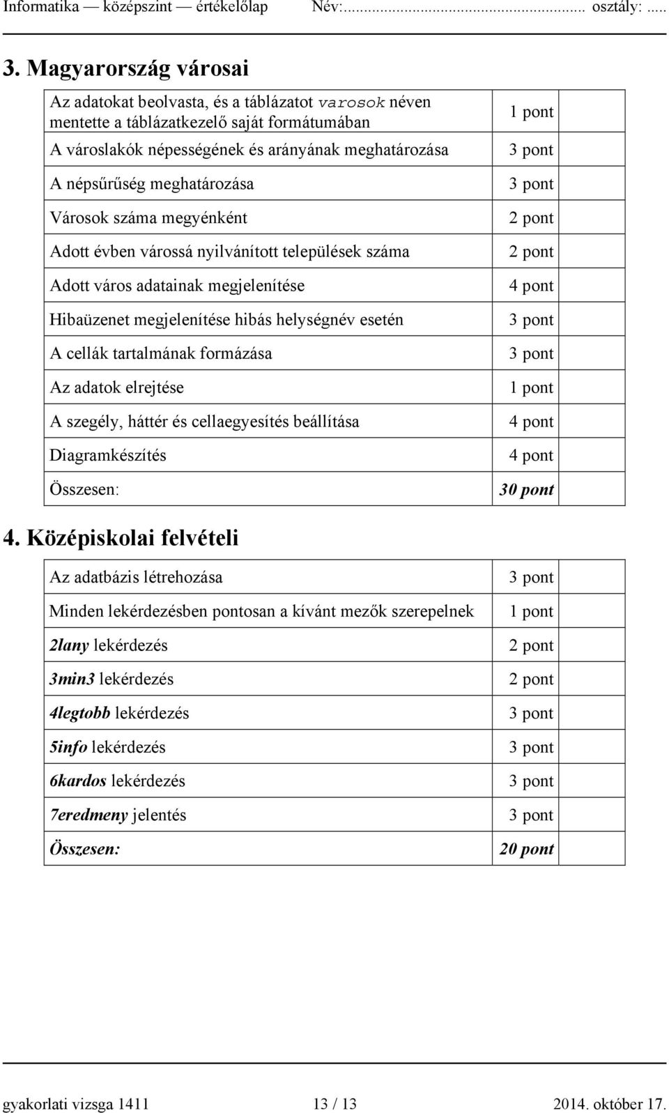 meghatározása Városok száma megyénként Adott évben várossá nyilvánított települések száma Adott város adatainak megjelenítése Hibaüzenet megjelenítése hibás helységnév esetén A cellák tartalmának