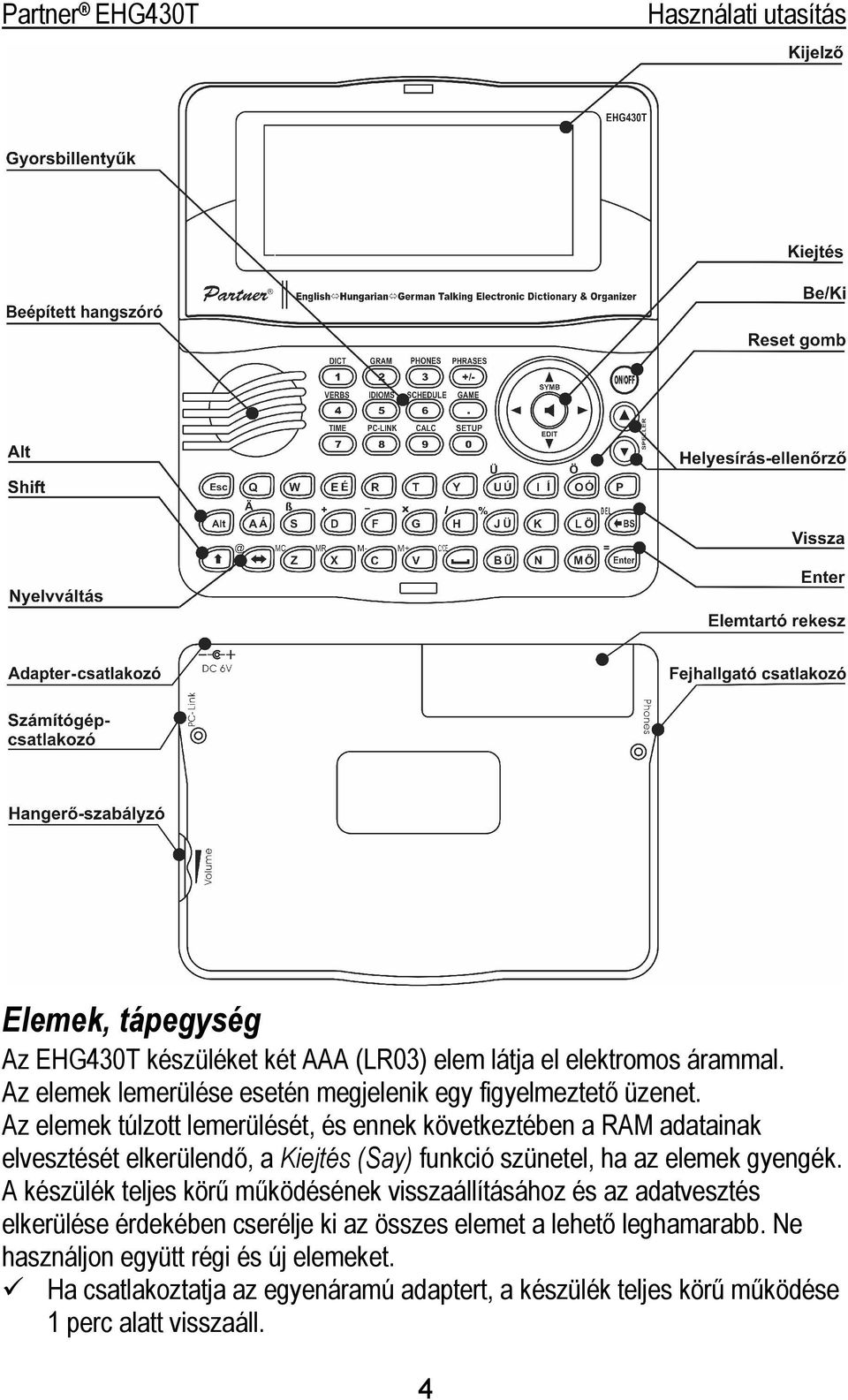 Az elemek túlzott lemerülését, és ennek következtében a RAM adatainak elvesztését elkerülendő, a Kiejtés (Say) funkció szünetel, ha az elemek