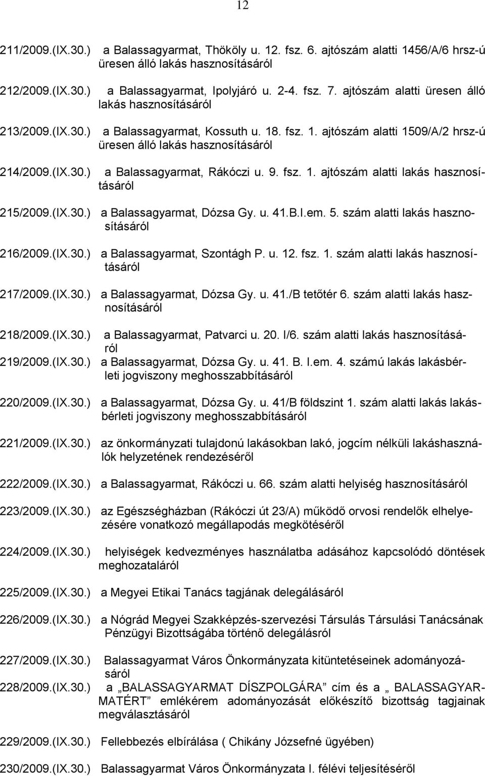 9. fsz. 1. ajtószám alatti lakás hasznosításáról 215/2009.(IX.30.) a Balassagyarmat, Dózsa Gy. u. 41.B.I.em. 5. szám alatti lakás hasznosításáról 216/2009.(IX.30.) a Balassagyarmat, Szontágh P. u. 12.