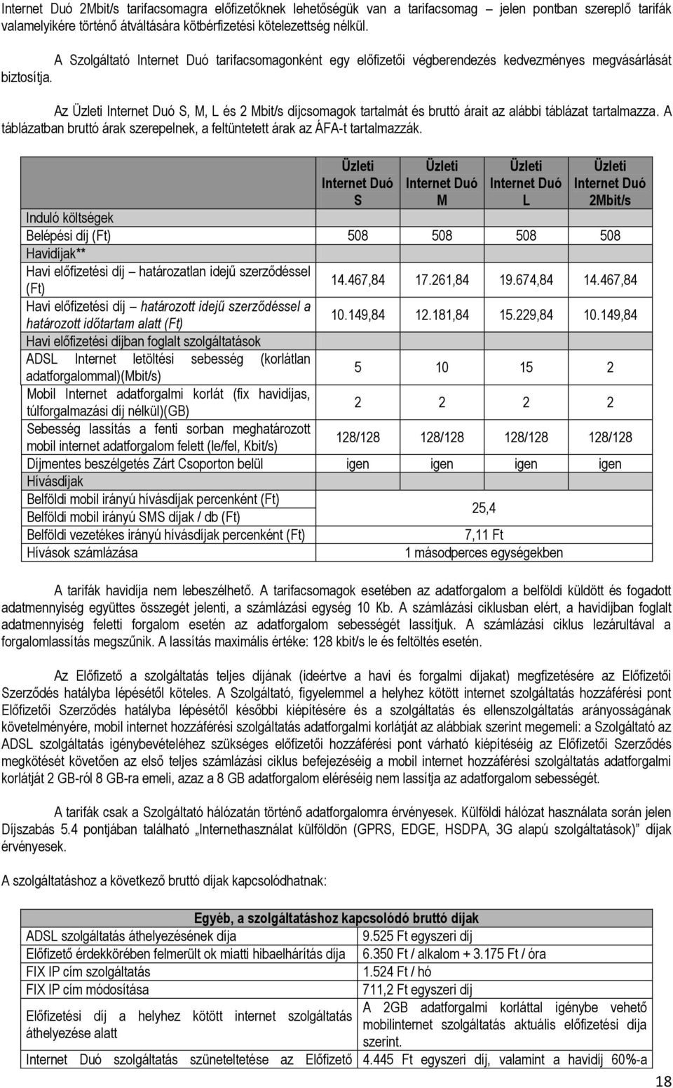 Az Üzleti Internet Duó S, M, L és 2 Mbit/s díjcsomagok tartalmát és bruttó árait az alábbi táblázat tartalmazza. A táblázatban bruttó árak szerepelnek, a feltüntetett árak az ÁFA-t tartalmazzák.