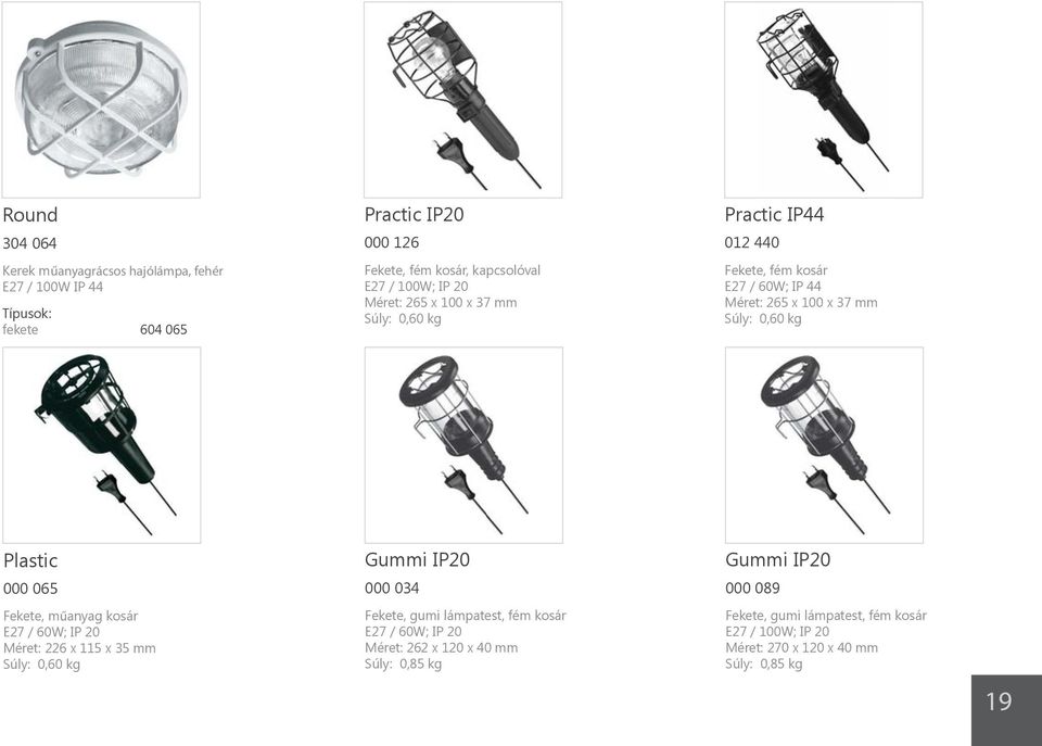 Plastic 000 065 Fekete, műanyag kosár E27 / 60W; IP 20 Méret: 226 x 115 x 35 mm Súly: 0,60 kg Gummi IP20 000 034 Fekete, gumi lámpatest, fém kosár E27 /