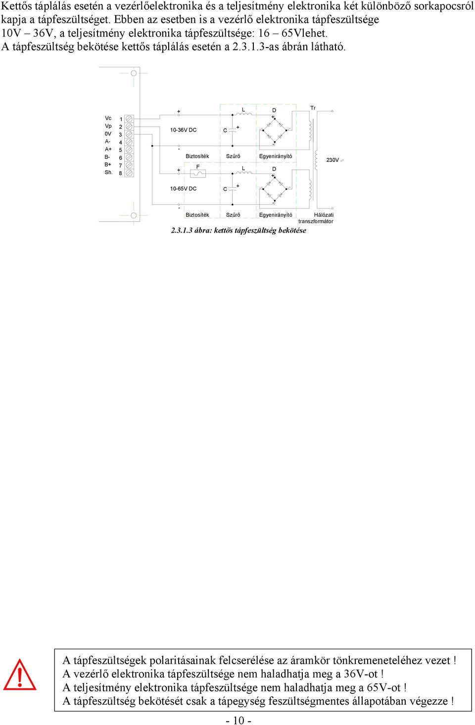 Vc Vp 0V A- A+ B- B+ Sh. 1 2 3 4 5 6 7 8 + L D + 10-36V DC C + - - Biztosíték Szűrő Egyenirányító + F L D + Tr 230V 10-65V DC C + - Biztosíték Szűrő Egyenirányító Hálózati transzformátor 2.3.1.3 ábra: kettős tápfeszültség bekötése - A tápfeszültségek polaritásainak felcserélése az áramkör tönkremeneteléhez vezet!