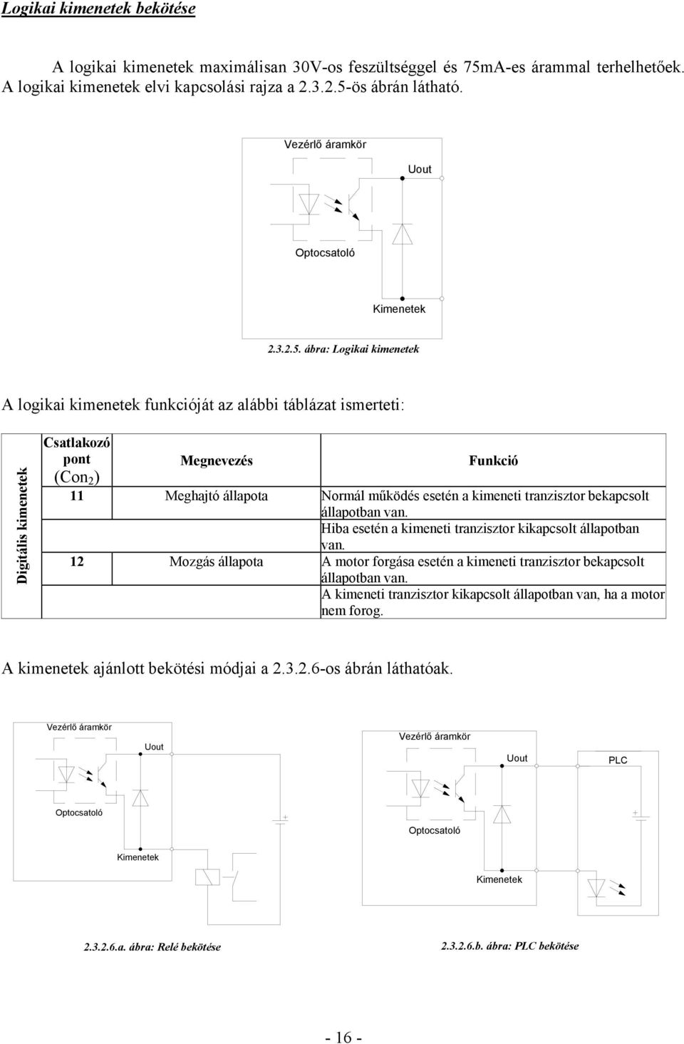 ábra: Logikai kimenetek A logikai kimenetek funkcióját az alábbi táblázat ismerteti: Digitális kimenetek Csatlakozó pont Megnevezés Funkció (Con 2 ) 11 Meghajtó állapota Normál működés esetén a