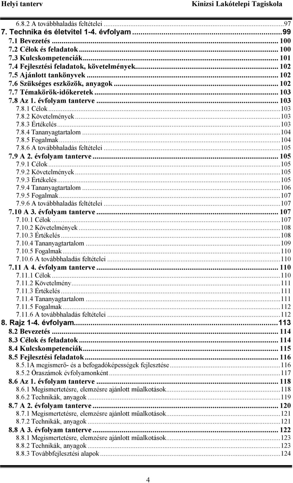 ..103 7.8.2 Követelmények...103 7.8.3 Értékelés...103 7.8.4 Tananyagtartalom...104 7.8.5 Fogalmak...104 7.8.6 A továbbhaladás feltételei...105 7.9 A 2. évfolyam tanterve... 105 7.9.1 Célok...105 7.9.2 Követelmények...105 7.9.3 Értékelés...105 7.9.4 Tananyagtartalom...106 7.