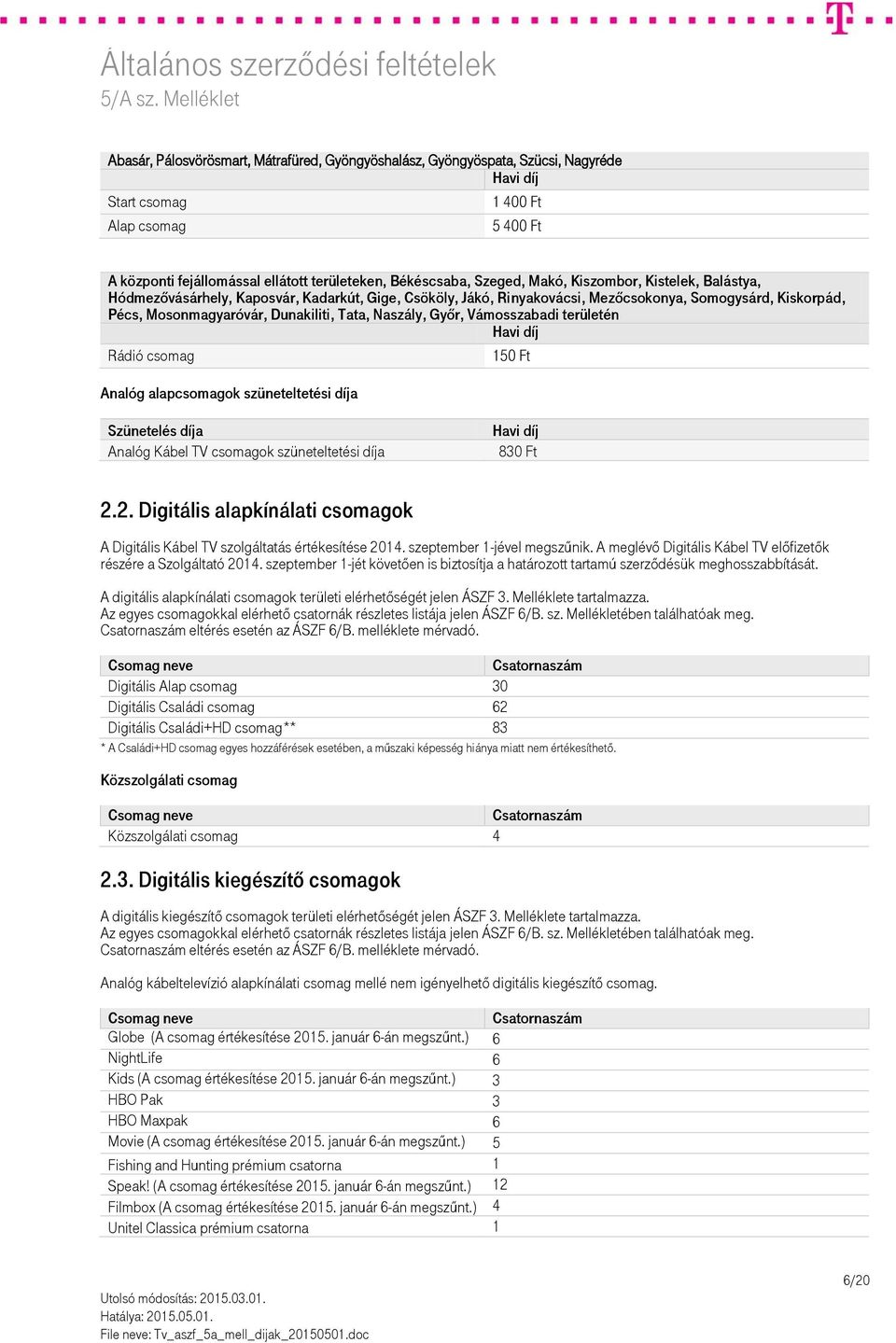 Vámosszabadi területén Rádió csomag 150 Ft Analóg alapcsomagok szüneteltetési díja Szünetelés díja Analóg Kábel TV csomagok szüneteltetési díja 830 Ft 2.