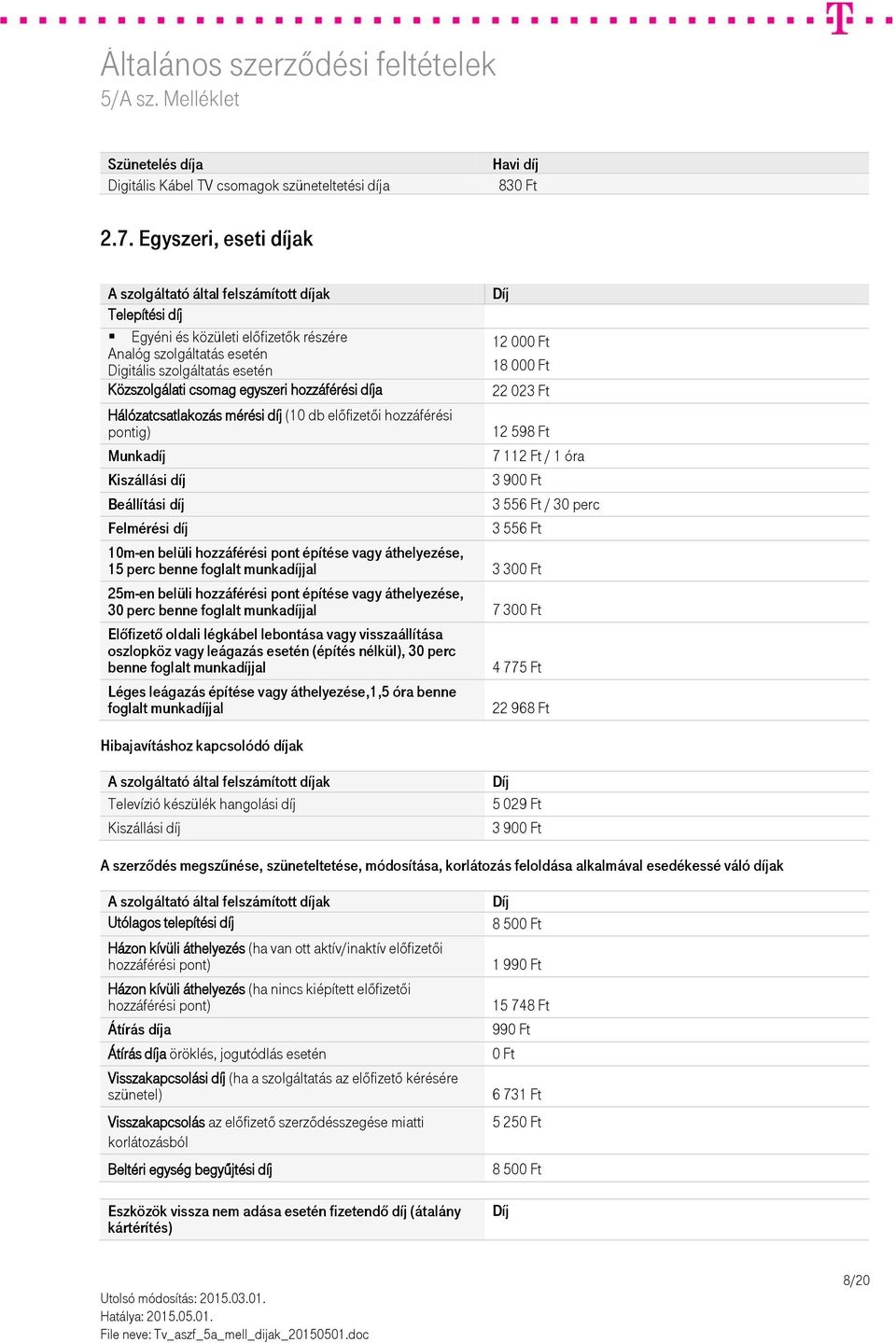 egyszeri hozzáférési díja Hálózatcsatlakozás mérési díj (10 db előfizetői hozzáférési pontig) Munkadíj Kiszállási díj Beállítási díj Felmérési díj 12 000 Ft 18 000 Ft 22 023 Ft 12 598 Ft 7 112 Ft / 1