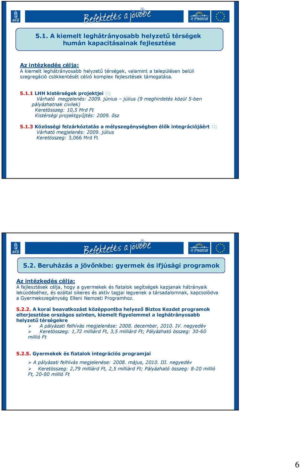 június július (9 meghirdetés közül 5-ben pályázhatnak civilek) Keretösszeg: 10,5 Mrd Ft Kistérségi projektgyőjtés: 2009. ısz 5.1.3 Közösségi felzárkóztatás a mélyszegénységben élık integrációjáért Új Várható megjelenés: 2009.