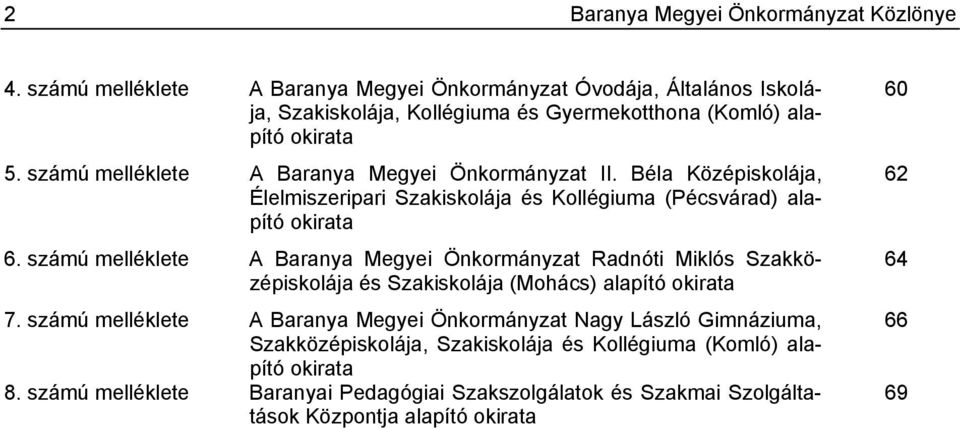 számú melléklete A Baranya Megyei Önkormányzat II. Béla Középiskolája, Élelmiszeripari Szakiskolája és Kollégiuma (Pécsvárad) alapító okirata 6.