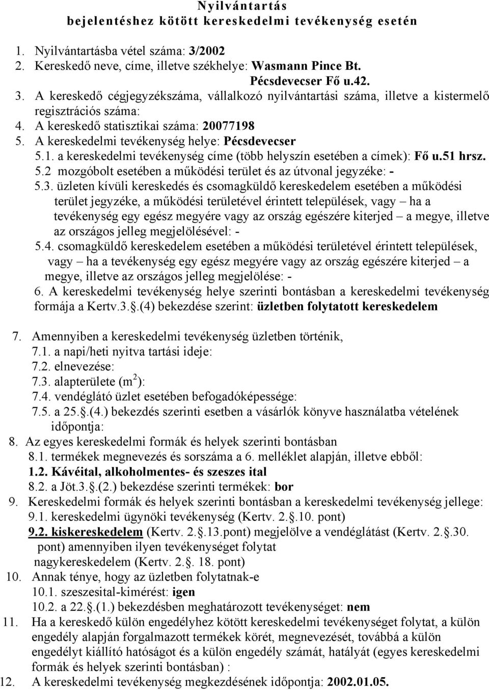 3..(4) bekezdése szerint: üzletben folytatott kereskedelem 7.1. a napi/heti nyitva tartási ideje: 7.2. elnevezése: 7.3. alapterülete (m 2 ): 7.4. vendéglátó üzlet esetében befogadóképessége: időpontja: 1.