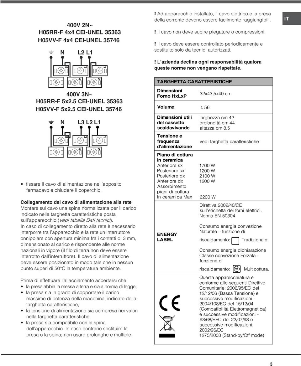 ! L azienda declina ogni responsabilità qualora queste norme non vengano rispettate. IT TARGHETTA CARATTERISTICHE 00V N~ H0RRF x. CEIUNEL 6 H0VVF x.