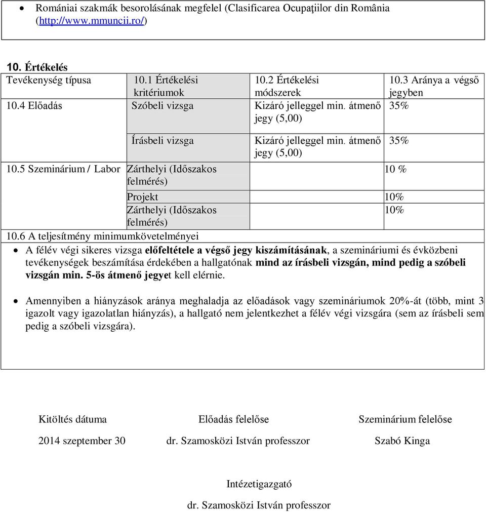 6 A teljesítmény minimumkövetelményei A félév végi sikeres vizsga előfeltétele a végső jegy kiszámításának, a szemináriumi és évközbeni tevékenységek beszámítása érdekében a hallgatónak mind az