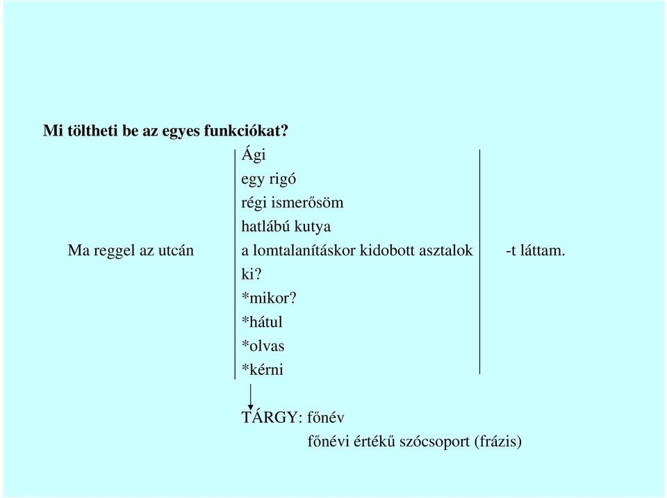 utcán a lomtalanításkor kidobott asztalok -t láttam. ki? *mikor?