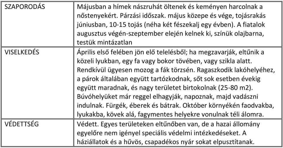 A fiatalok augusztus végén-szeptember elején kelnek ki, színük olajbarna, testük mintázatlan Április első felében jön elő telelésből; ha megzavarják, eltűnik a közeli lyukban, egy fa vagy bokor