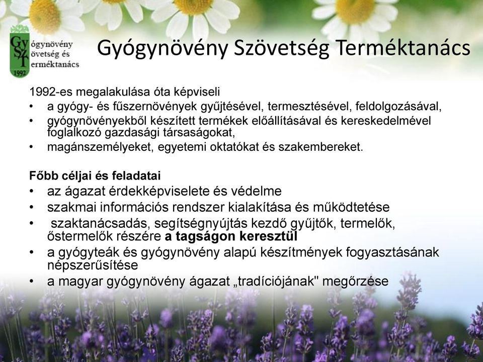 Főbb céljai és feladatai az ágazat érdekképviselete és védelme szakmai információs rendszer kialakítása és működtetése szaktanácsadás, segítségnyújtás kezdő